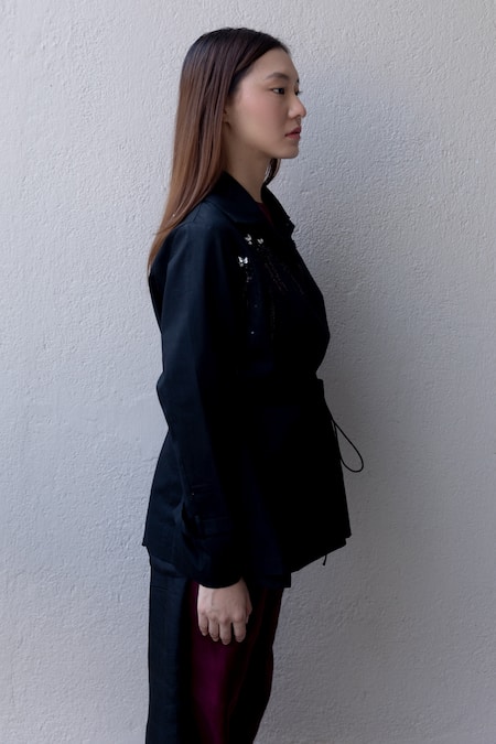 Buy Kavya Singh Kundu Black Cotton Embroidery Collared Noir Overshirt Jacket Online at Aza Fashions Buy_Kavya Singh Kundu_Black Cotton Embroidery Collared Noir Overshirt Jacket _Online_at_Aza_Fashions