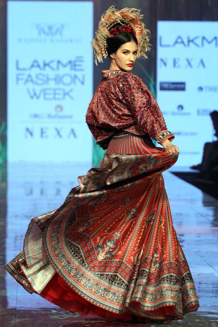 Shop_Rajdeep Ranawat_Red 100% Polyester Bralette Sweetheart Neck, Embellished Bridal Lehenga Set_Online_at_Aza_Fashions