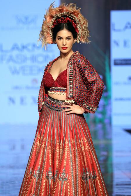 Rajdeep Ranawat_Red 100% Polyester Bralette Sweetheart Neck, Embellished Bridal Lehenga Set_at_Aza_Fashions