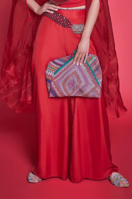 Shop_JADE BY MONICA & KARISHMA_Red Organza Round Cape And Pant Set  _Online_at_Aza_Fashions