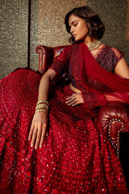 Jade By Monica & Karishma Red V Neck Embroidered Bridal Lehenga Set Online at Aza Fashions Jade By Monica & Karishma_Red V Neck Embroidered Bridal Lehenga Set _Online_at_Aza_Fashions