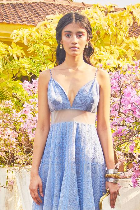 Buy_Jade By Monica & Karishma_Blue Tulle Plunge Neck Embroidered Dress  _Online_at_Aza_Fashions
