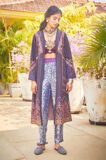 Jade by Monica and Karishma Silk Jacket & Sequin Pant Set 