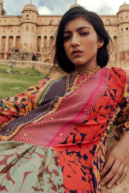 Buy_Swati Vijaivargie_Multi Color Chanderi Silk Round Dress _Online_at_Aza_Fashions