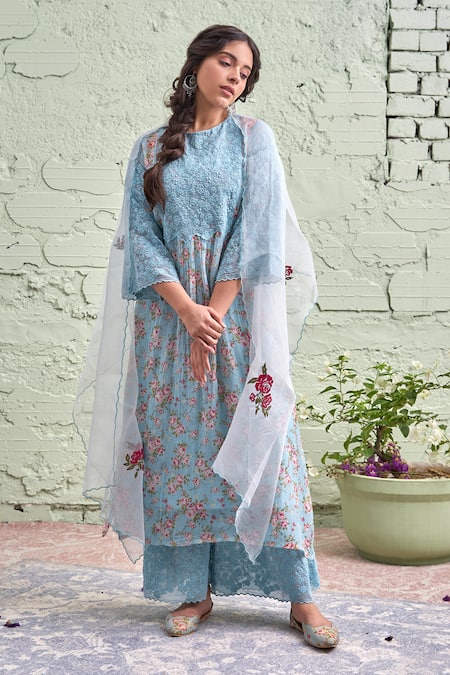 Naaz By Noor Blue Cotton, Organza, Chanderi Round Printed Kurta Set 