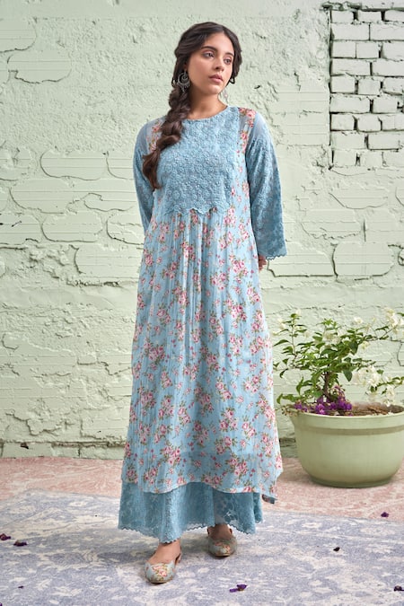 Shop Naaz By Noor Blue Cotton, Organza, Chanderi Round Printed Kurta Set at Aza Fashions Shop_Naaz By Noor_Blue Cotton, Organza, Chanderi Round Printed Kurta Set _at_Aza_Fashions
