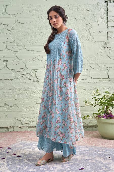 Naaz By Noor Blue Cotton, Organza, Chanderi Round Printed Kurta Set Online at Aza Fashions Naaz By Noor_Blue Cotton, Organza, Chanderi Round Printed Kurta Set _Online_at_Aza_Fashions