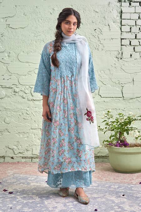 Buy Naaz By Noor Blue Cotton, Organza, Chanderi Round Printed Kurta Set Online at Aza Fashions Buy_Naaz By Noor_Blue Cotton, Organza, Chanderi Round Printed Kurta Set _Online_at_Aza_Fashions