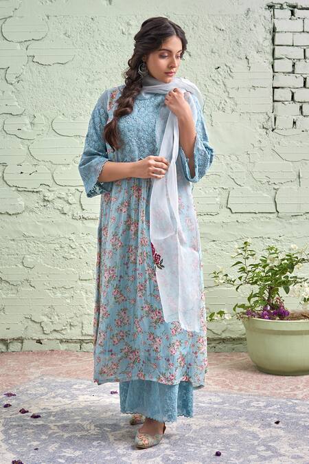 Shop Naaz By Noor Blue Cotton, Organza, Chanderi Round Printed Kurta Set Online at Aza Fashions Shop_Naaz By Noor_Blue Cotton, Organza, Chanderi Round Printed Kurta Set _Online_at_Aza_Fashions