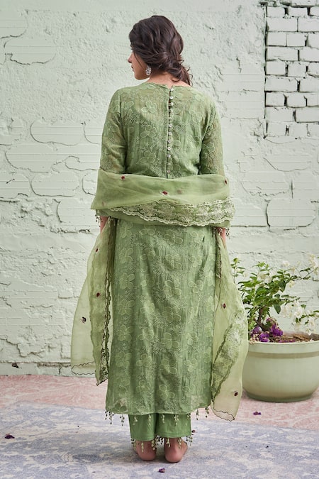 Shop Naaz By Noor Green Cotton, Organza, Chanderi Round Embroidered Kurta Set at Aza Fashions Shop_Naaz By Noor_Green Cotton, Organza, Chanderi Round Embroidered Kurta Set _at_Aza_Fashions
