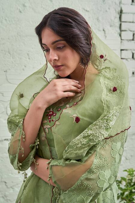 Shop Naaz By Noor Green Cotton, Organza, Chanderi Round Embroidered Kurta Set Online at Aza Fashions Shop_Naaz By Noor_Green Cotton, Organza, Chanderi Round Embroidered Kurta Set _Online_at_Aza_Fashions