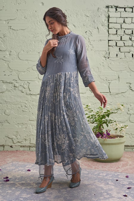 Naaz By Noor Grey Cotton, Organza, Chanderi Round Printed Kurta And Pant Set 