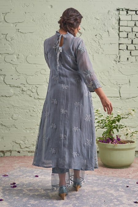 Shop Naaz By Noor Grey Cotton, Organza, Chanderi Round Printed Kurta And Pant Set at Aza Fashions Shop_Naaz By Noor_Grey Cotton, Organza, Chanderi Round Printed Kurta And Pant Set _at_Aza_Fashions