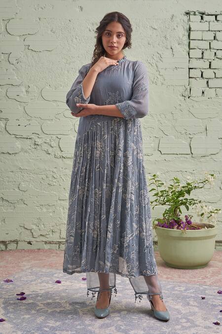 Buy Naaz By Noor Grey Cotton, Organza, Chanderi Round Printed Kurta And Pant Set Online at Aza Fashions Buy_Naaz By Noor_Grey Cotton, Organza, Chanderi Round Printed Kurta And Pant Set _Online_at_Aza_Fashions