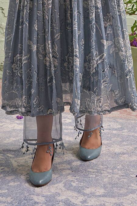 Shop Naaz By Noor Grey Cotton, Organza, Chanderi Round Printed Kurta And Pant Set Online at Aza Fashions Shop_Naaz By Noor_Grey Cotton, Organza, Chanderi Round Printed Kurta And Pant Set _Online_at_Aza_Fashions