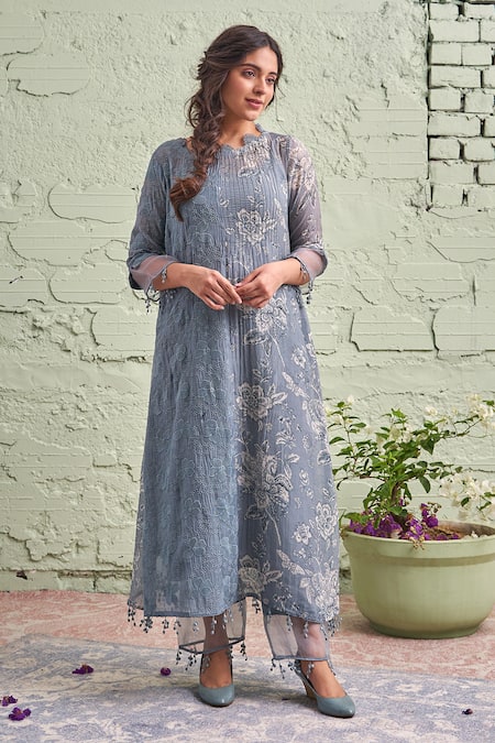 Naaz By Noor_Blue Cotton, Organza, Chanderi Round Printed Kurta Set _Online_at_Aza_Fashions