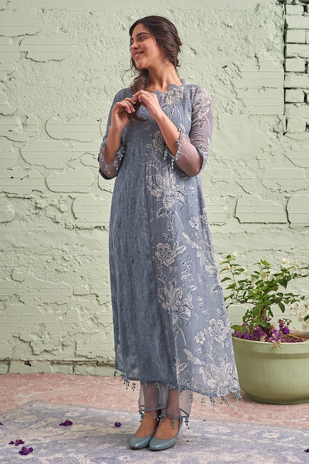 Buy_Naaz By Noor_Blue Cotton, Organza, Chanderi Round Printed Kurta Set _Online_at_Aza_Fashions