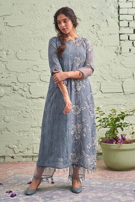 Shop_Naaz By Noor_Blue Cotton, Organza, Chanderi Round Printed Kurta Set _Online_at_Aza_Fashions