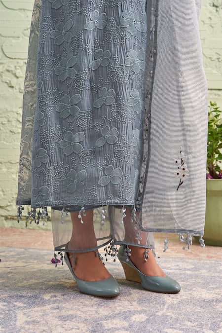 Naaz By Noor_Blue Cotton, Organza, Chanderi Round Printed Kurta Set _at_Aza_Fashions