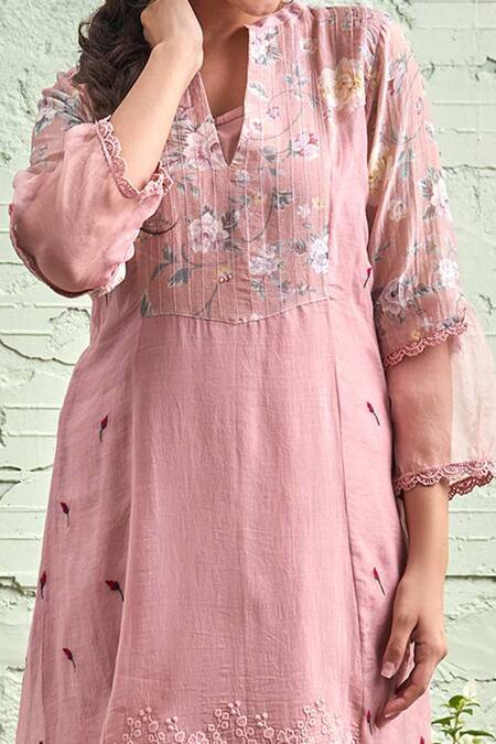 Naaz By Noor Pink Cotton, Organza, Chanderi Mandarin Collar Embroidered Kurta Set at Aza Fashions Naaz By Noor_Pink Cotton, Organza, Chanderi Mandarin Collar Embroidered Kurta Set _at_Aza_Fashions