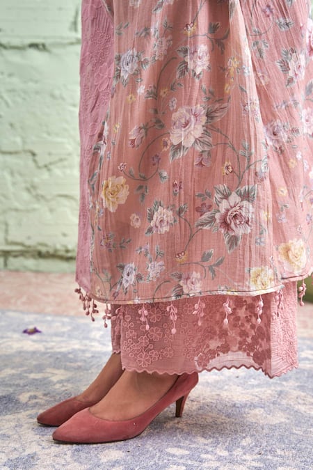 Naaz By Noor Pink Cotton, Organza, Chanderi Round Embroidered Kurta Set at Aza Fashions Naaz By Noor_Pink Cotton, Organza, Chanderi Round Embroidered Kurta Set _at_Aza_Fashions