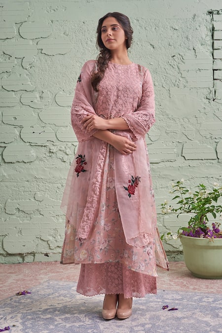 Naaz By Noor_Pink Cotton, Organza, Chanderi Round Printed Kurta Set _Online_at_Aza_Fashions