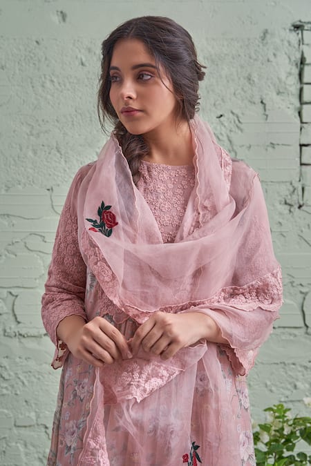 Buy_Naaz By Noor_Pink Cotton, Organza, Chanderi Round Printed Kurta Set _Online_at_Aza_Fashions