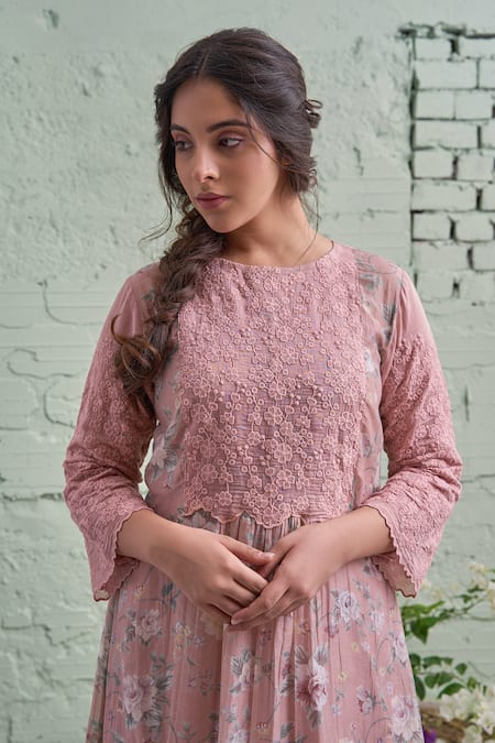 Shop_Naaz By Noor_Pink Cotton, Organza, Chanderi Round Printed Kurta Set _Online_at_Aza_Fashions