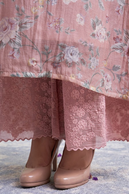 Naaz By Noor_Pink Cotton, Organza, Chanderi Round Printed Kurta Set _at_Aza_Fashions