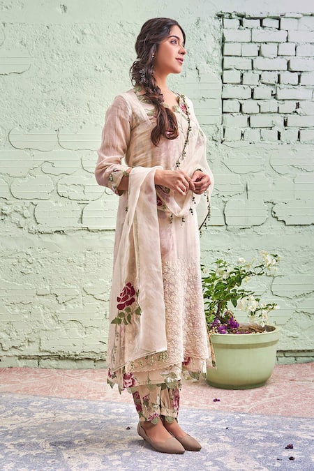 Naaz By Noor Beige Cotton, Organza, Chanderi Round Embroidered Kurta Set Online at Aza Fashions Naaz By Noor_Beige Cotton, Organza, Chanderi Round Embroidered Kurta Set _Online_at_Aza_Fashions