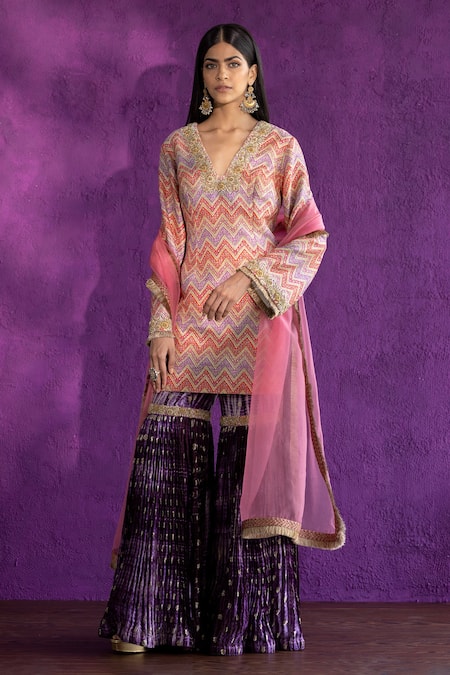 Qbik Multi Color Silk Brocade Embroidery Pearls Plunge V Kurta Gharara Set  