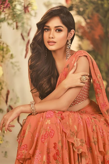 Paulmi And Harsh_Orange Georgette And Organza Sequins, Cutdana & Pre-draped Saree With Blouse_Online_at_Aza_Fashions