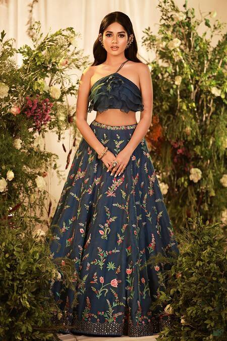 Chamee And Palak_Blue Floral Pattern Halter Neck Lilies Of All Kinds Lehenga And Blouse Set _Online_at_Aza_Fashions