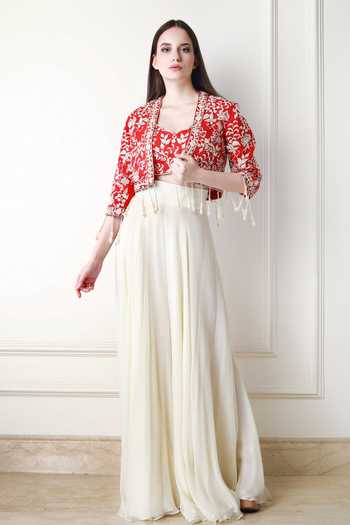 Buy Devika Bhayana White Organza Jacket And Gharara Set at Aza Fashions Buy_Devika Bhayana_White Organza Jacket And Gharara Set_at_Aza_Fashions