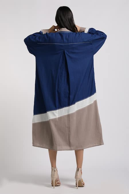 Shop Madder Much Blue Cotton Plain Dress Round, Jacket Open Jane Colorblock With at Aza Fashions Shop_Madder Much_Blue Cotton Plain Dress Round, Jacket Open Jane Colorblock With _at_Aza_Fashions