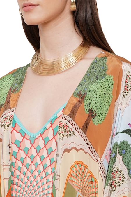 Limerick By Abirr N' Nanki_Multi Color Crepe Tree And Monument Print Open Jane Cape _at_Aza_Fashions
