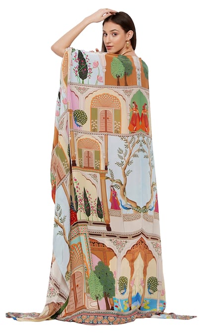 Shop_Limerick By Abirr N' Nanki_Multi Color Crepe Tree And Monument Print Open Jane Cape _at_Aza_Fashions