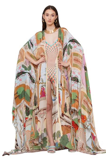 Limerick By Abirr N' Nanki_Multi Color Crepe Tree And Monument Print Open Jane Cape _Online_at_Aza_Fashions