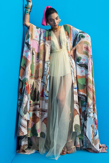 Shop_Limerick By Abirr N' Nanki_Multi Color Crepe Tree And Monument Print Open Jane Cape _Online_at_Aza_Fashions