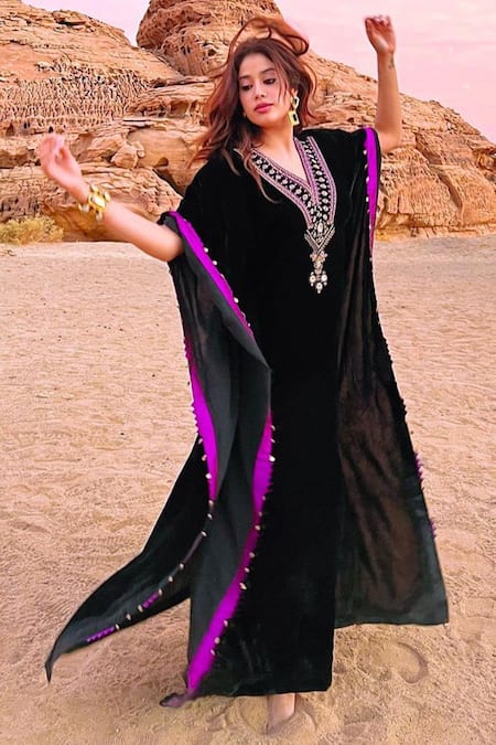 Sureena Chowdhri Black Silk Velvet Embroidery Thread V Neck Saya Kaftan  