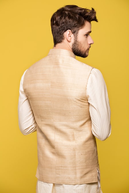Buy Beige Jaquard Banarasi Silk Nehru Jacket (NMK-6915) Online