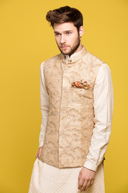 Buy SANWARA Peach Embroidered Art Silk Regular Fit Men's Nehru Jacket |  Shoppers Stop