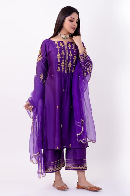 Priya Chaudhary_Purple , Organza, Chanderi Notched Kurta Set _Online_at_Aza_Fashions