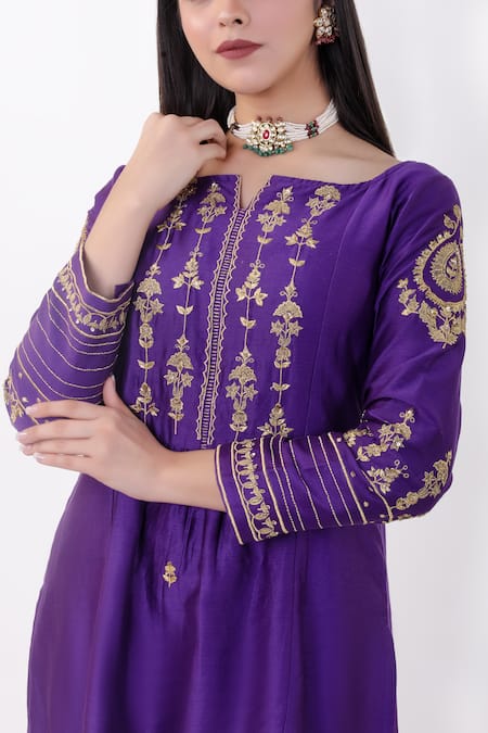 Shop_Priya Chaudhary_Purple , Organza, Chanderi Notched Kurta Set _Online_at_Aza_Fashions