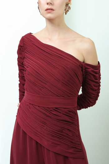Swatee Singh_Maroon Heavy Crepe One Shoulder Jumpsuit_Online_at_Aza_Fashions
