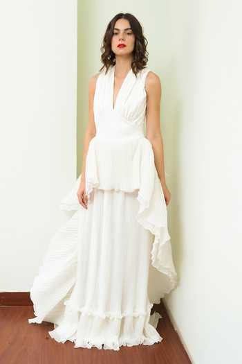 Buy Swatee Singh White Heavy Crepe Layered Ruffle Gown at Aza Fashions Buy_Swatee Singh_White Heavy Crepe Layered Ruffle Gown_at_Aza_Fashions