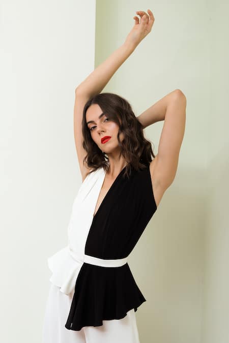 Swatee Singh_White Heavy Crepe V Neck Colorblock Peplum Jumpsuit _Online_at_Aza_Fashions