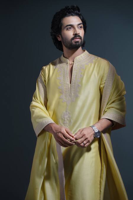 Shop_Devnaagri_Green Chanderi And Cotton Dori Embrioidered Kurta Set 