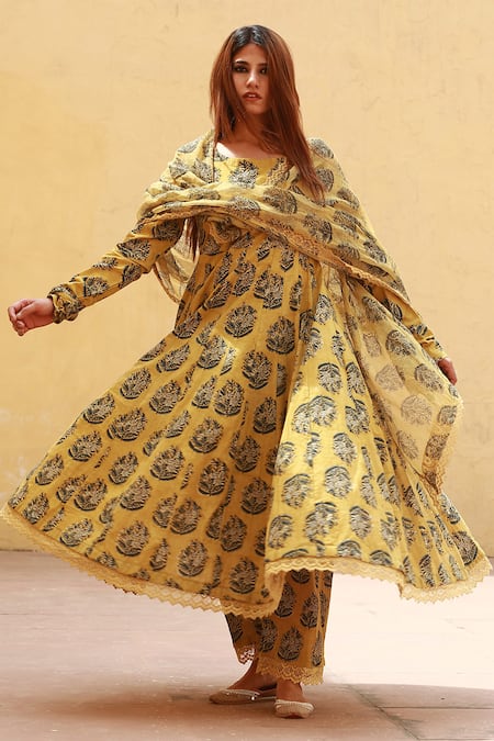 Gulabo Jaipur Yellow Cotton Printed Floral Boat Anarkali Set 