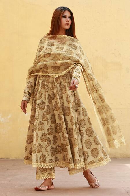 Buy_Gulabo Jaipur_Beige Cotton Floral Boat Print Anarkali Set _Online_at_Aza_Fashions